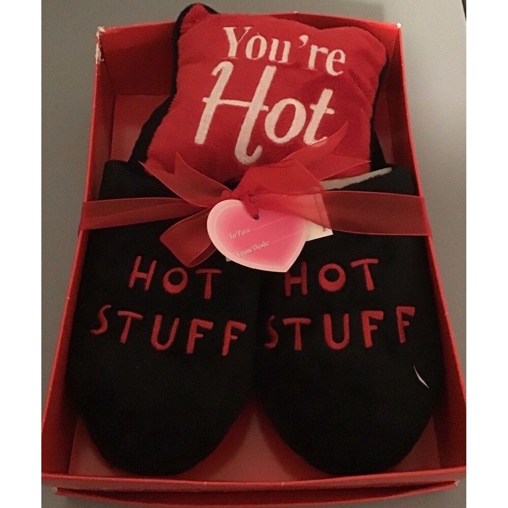 “HOT STUFF” FUZZY SLIPPERS (L 9-10) w/ “You’re Hot” Mini Pillow Fun,Romantic NEW